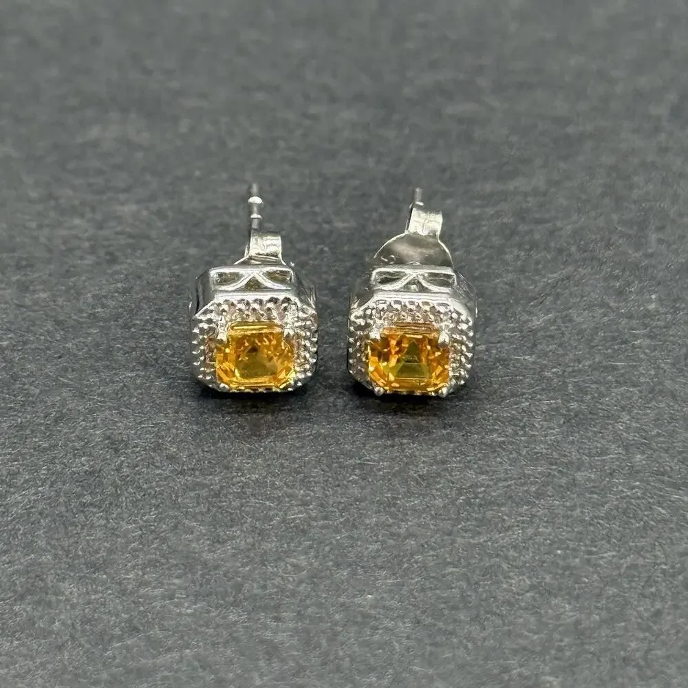 Signed STS 925 Sterling Silver Yellow Citrine Halo Pendant Necklace & Stud Earri